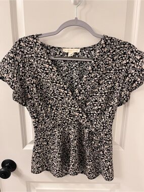 Monteau Black & Cream Floral Wrap Peplum Blouse
